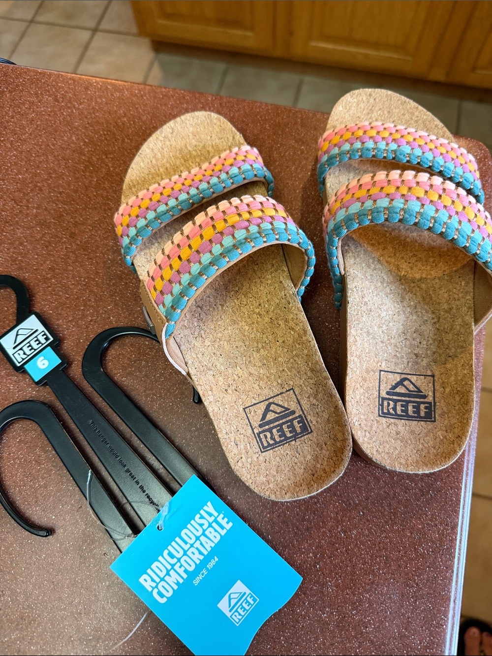 Reef Cushion Vista Cork Slide Sandals with Multicolor Braided Straps women’s 6